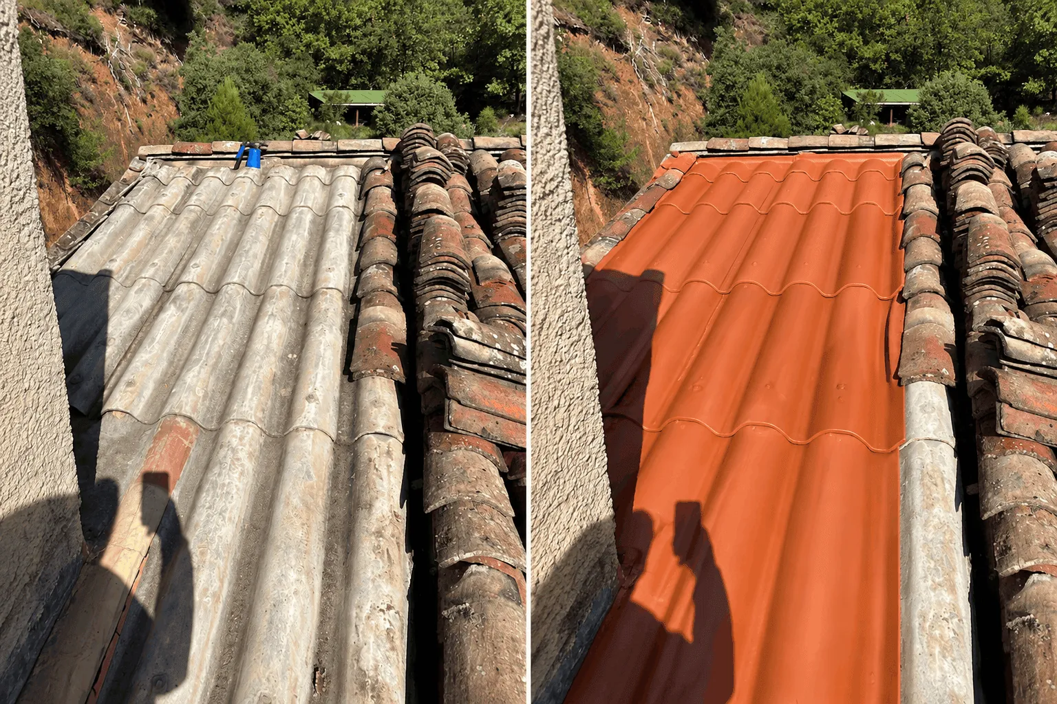 Toiture fibrociment avant et après la résine colorée